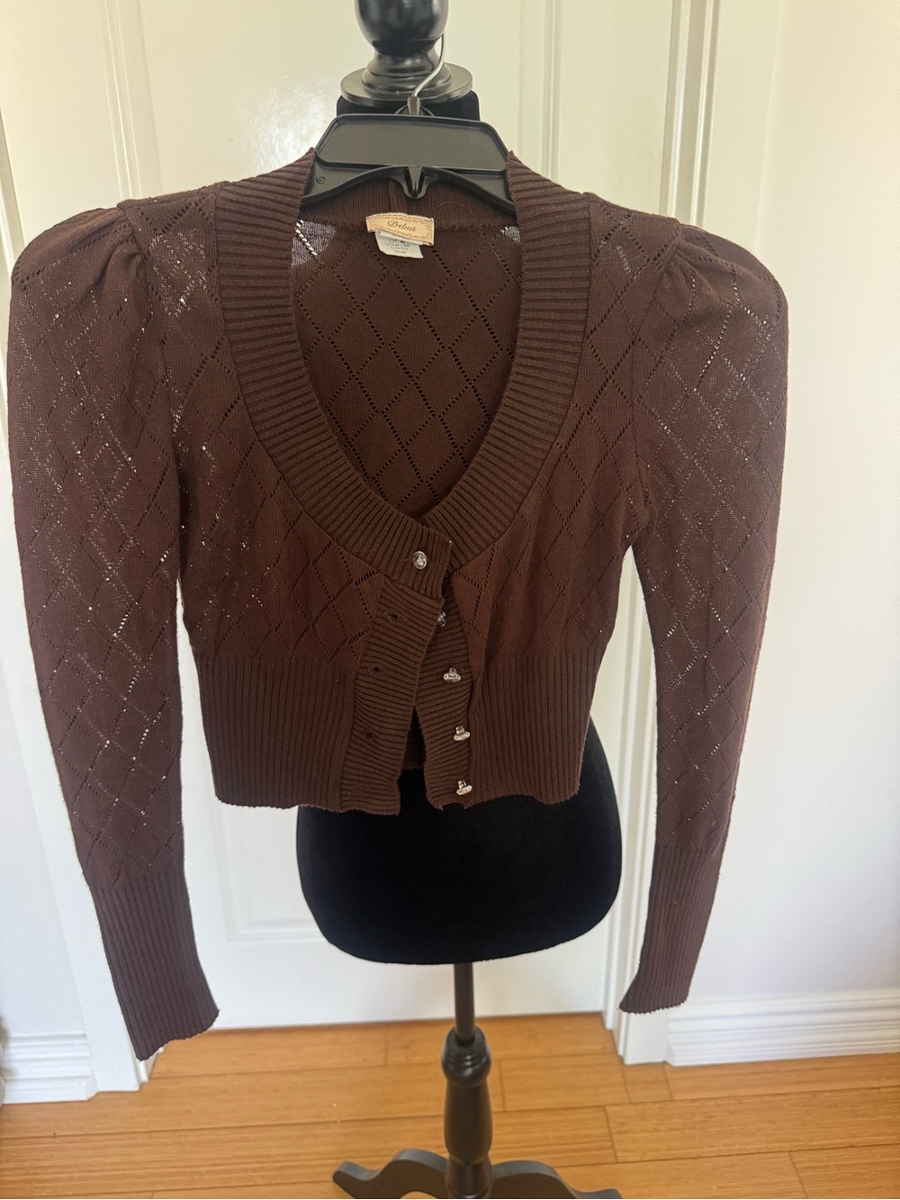 Cropped Diamond-Knit Brown Cardigan Sweater